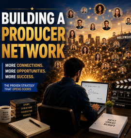 Building a Producer Network. Screenwriter working on his computer with a network of hollywood industry connections in front of him.